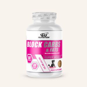Frasco de BLOCK CARBS & FATS EU Nutrition de 60 cápsulas – Suplemento bloqueador de grasas e hidratos de carbono para pérdida de peso.